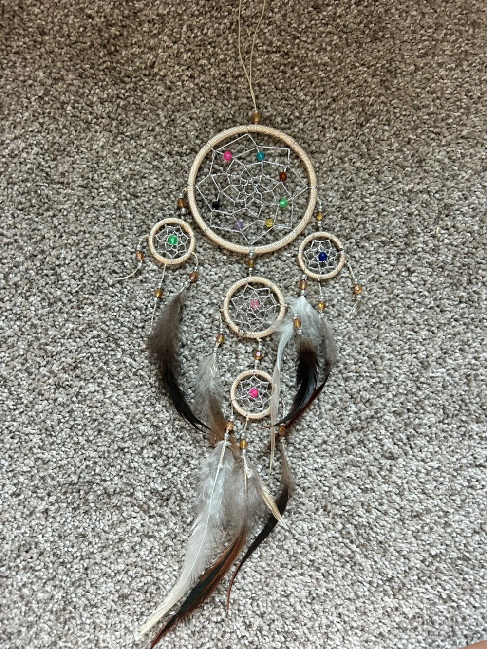 Beige Boho Dreamcatcher Wall Hanging with Multicolor Beads